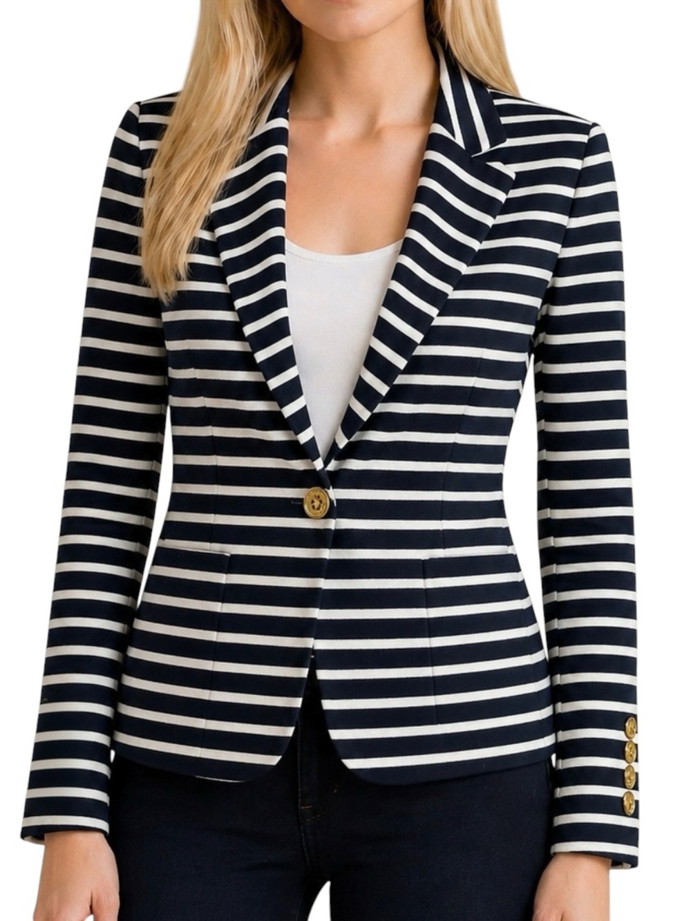 Lauren Ralph Lauren Navy White Striped Knit Blazer Nautical Classic Preppy L - Picture 2 of 12